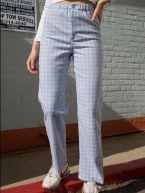 Brandy Melville Light Blue Plaid Straight-Leg Pants